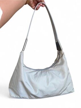Auth Prada Cream Ivory Nylon Leather Shoulder Hobo Bag Silver Logo Plate